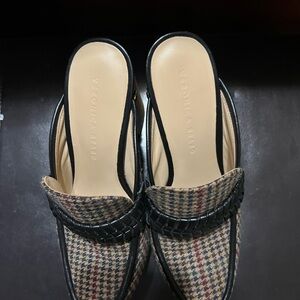 Veronica Beard Black-Trim Tan Houndstooth Slip-On Mules